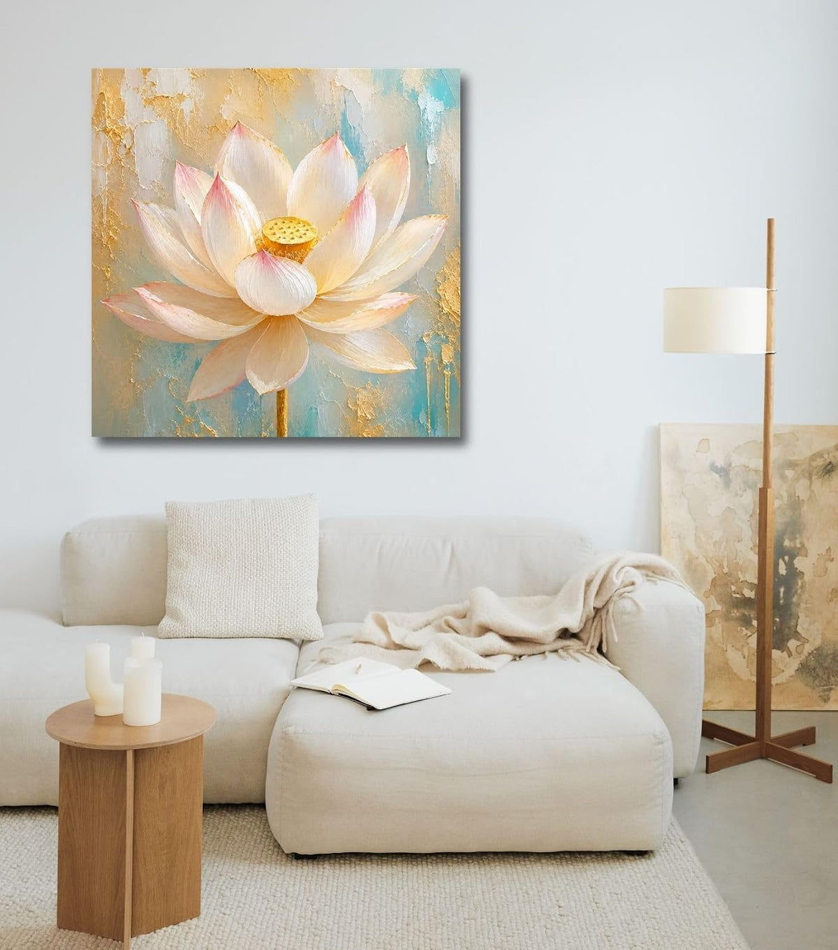 Lotus Flower Painting for Wall Vastu (15+ DESIGNS) Framed Lotus Canvas Painting for Living Room, Bedroom | Nature Floral Wall Art with Multiple Design Variations (Cream Single Lotus, 18x18 Inch, Framed)