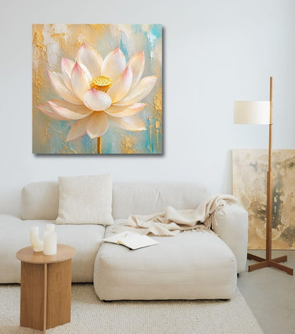Lotus Flower Painting for Wall Vastu (15+ DESIGNS) Framed Lotus Canvas Painting for Living Room, Bedroom | Nature Floral Wall Art with Multiple Design Variations (Cream Single Lotus, 18x18 Inch, Framed)