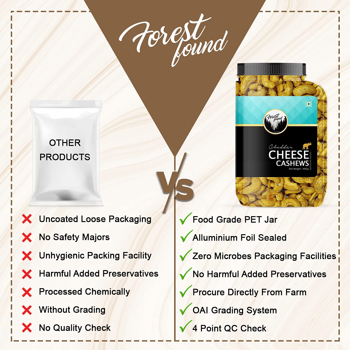 Forest Found Cheese Flavored Roasted Cashews 400g | Creamy Masala Whole Kaju - 100% Oil-Free & Dry | Healthy Non-Fried Crunchy Vegan Snack - Premium Cheese Seasoned ashew Nuts