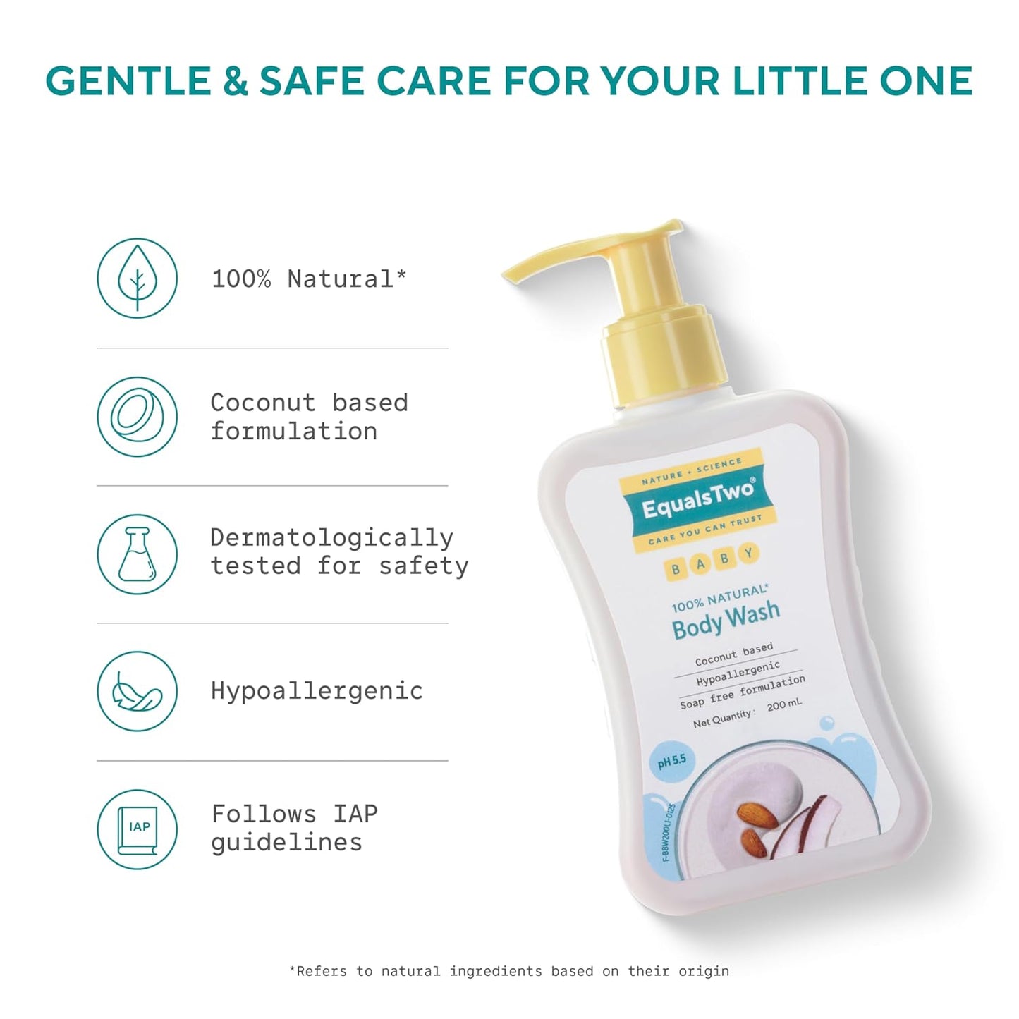 EQUALSTWO by Zydus Baby Body Wash 200ml, Tear-free & Soap-free, Head to Toe Baby Wash for Bath, Hypoallergenic & Dermatologically Tested, pH 5.5, Gentle Hydration for All Skin Types, (Pack 1)