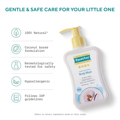 EQUALSTWO by Zydus Baby Body Wash 200ml, Tear-free & Soap-free, Head to Toe Baby Wash for Bath, Hypoallergenic & Dermatologically Tested, pH 5.5, Gentle Hydration for All Skin Types, (Pack 1)