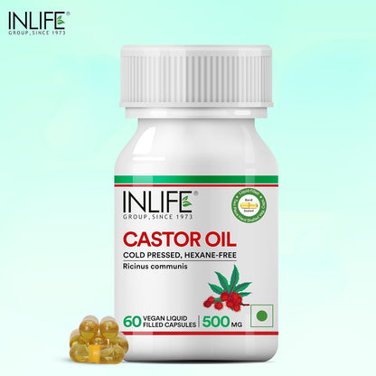 INLIFE Castor Oil Supplement for Hair and Skin, Natural Laxative, Quick Release, 500mg – 60 Liquid Filled Vegetarian Capsules (Pack of 1, 60)