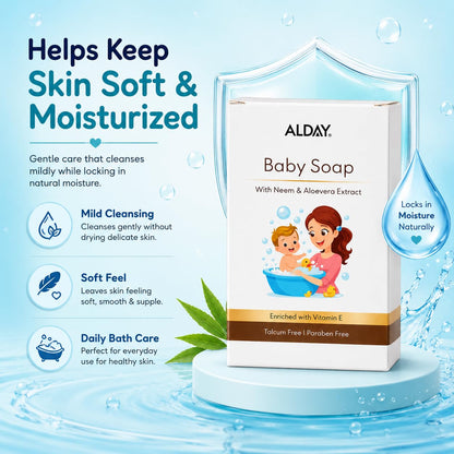75g Baby Soap with Neem, Aloe Vera & Coconut Oil | Gentle, Moisturizing & Safe for Sensitive Skin | Paraben & Talc Free | Daily Baby Bath Soap