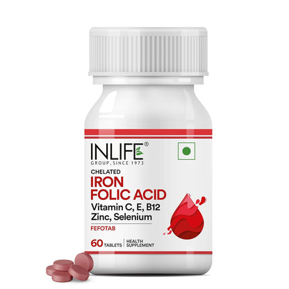 INLIFE Chelated Iron Folic Acid Supplement with Vitamin C, E, B12, Zinc & Selenium for Men Women - 60 Vegetarian Tablets (Pack of 1)