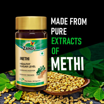 Zandu Methi Capsules (Fenugreek), Extracts of Methi known for High Content of Fibers and Antioxidants, Helps to Flush out Toxins from Body & Helps Maintain Healthy Sugar Levels - (60 Veg Capsules)