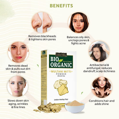 Bio Organic Multani Mitti Powder packaging with benefits listed on a white background