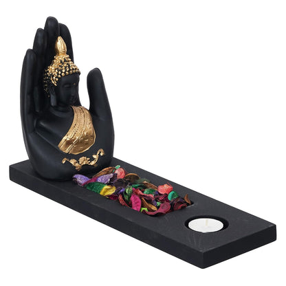 eCraftIndia Gold & Black Polyresin Palm Buddha Showpiece with Rectangle Wooden Base, Fragranced Petals & Tealight