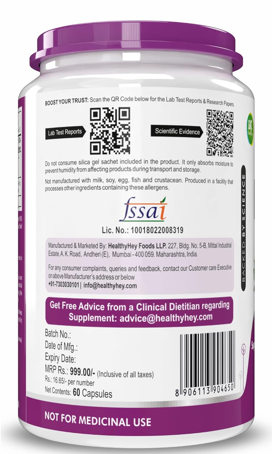 Supplement container with purple lid and label on a white background