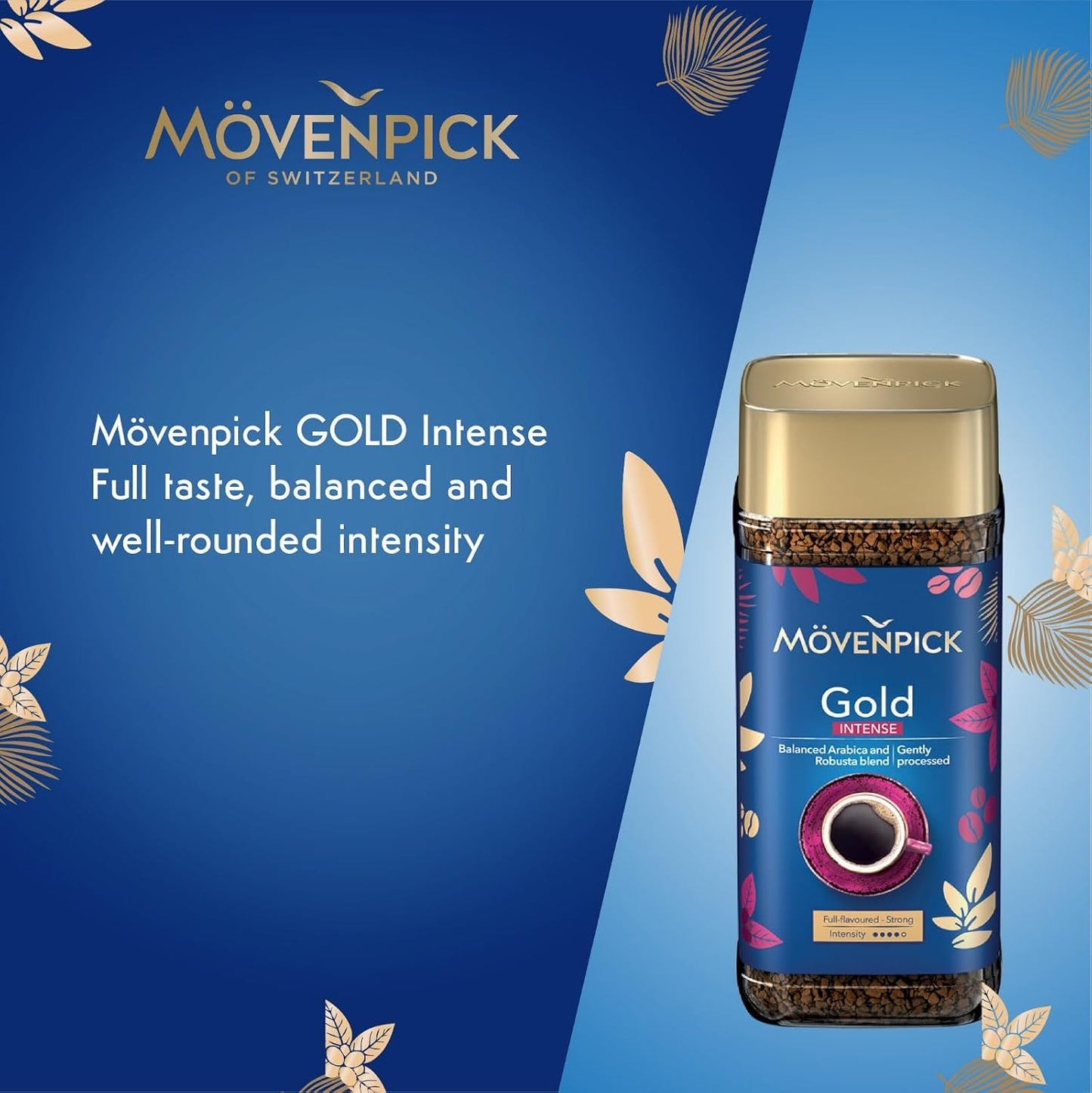 Movenpick Gold Intense Imported Instant Coffee - Classic Instant Powder, With Rich Aroma, Arabica & Robusta Blend, Strong Freeze Dried, Premium Pure Roasted, High Caffeine, Weight 100g