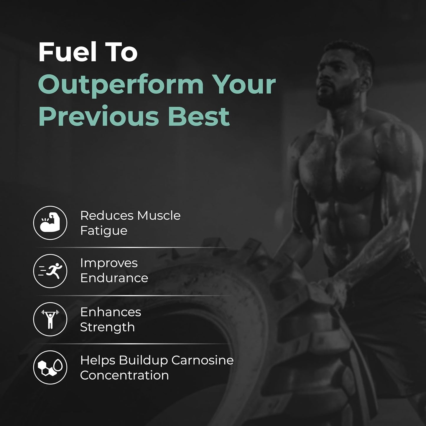 Man lifting a tire with text about fueling performance on a dark background