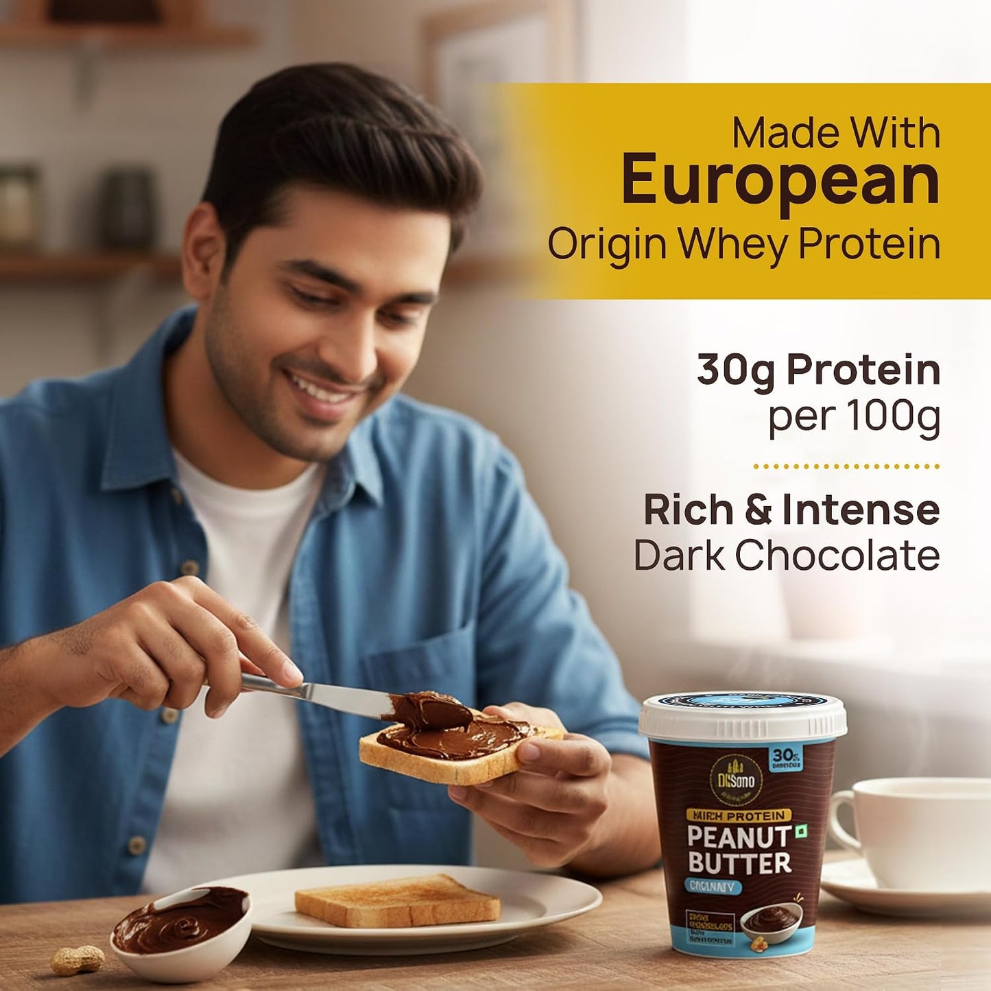 DiSano High Protein Dark Chocolate Peanut Butter with Whey Protein, Crunchy | 30g Protein. Gluten Free, Post & Pre Workout snack