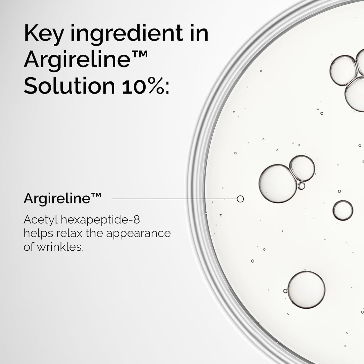 Advertisement for Argireline Solution 10% with text and close-up of solution.