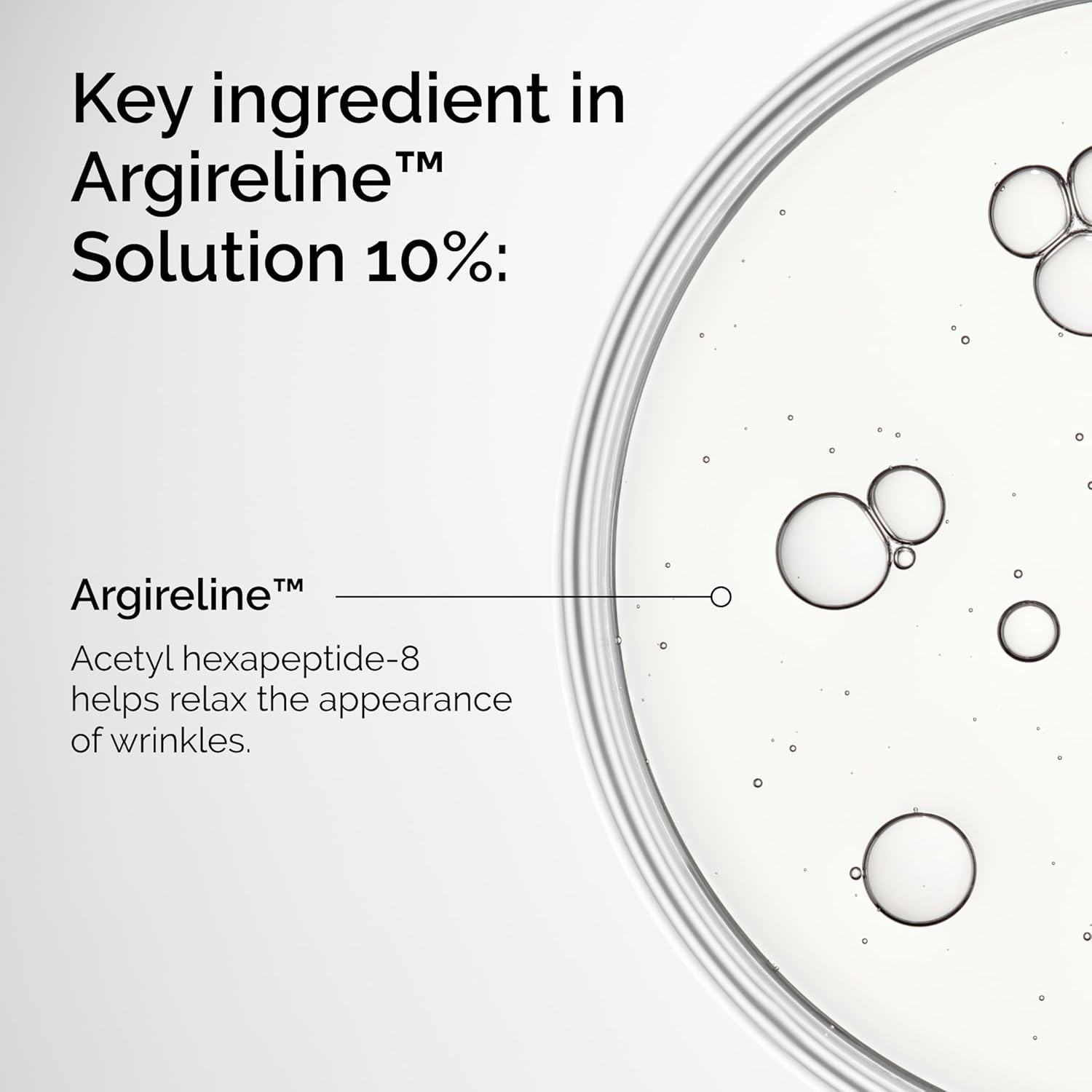 Advertisement for Argireline Solution 10% with text and close-up of solution.