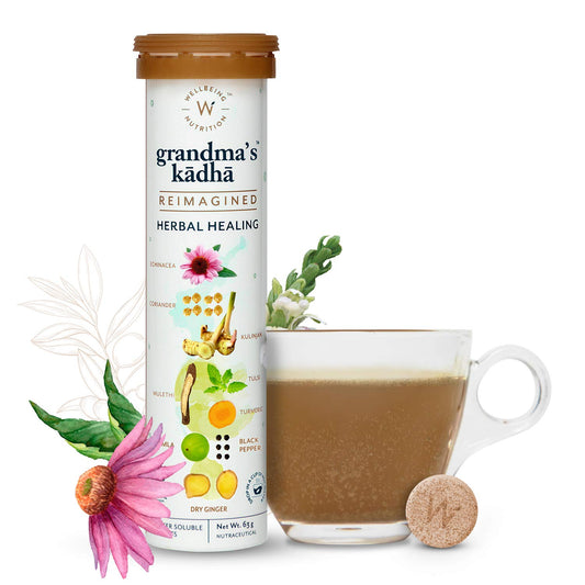 Wellbeing Nutrition Grandma's Kadha - Ayush Kwath Immunity Booster | Ayurvedic Kadha for Immunity, Cold, Cough, Sore Throat & Congestion | Immunity Boosters for Adults (15 Effervescent Tablets)