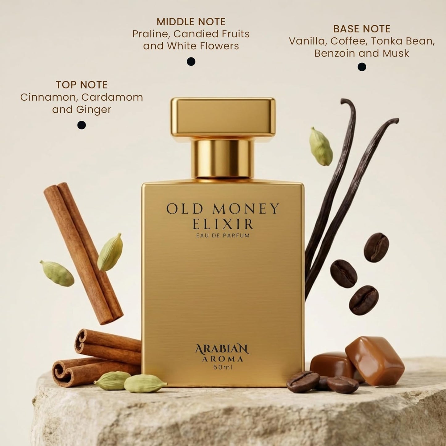 Gold perfume bottle labeled 'Old Money Elixir' with notes on a neutral background