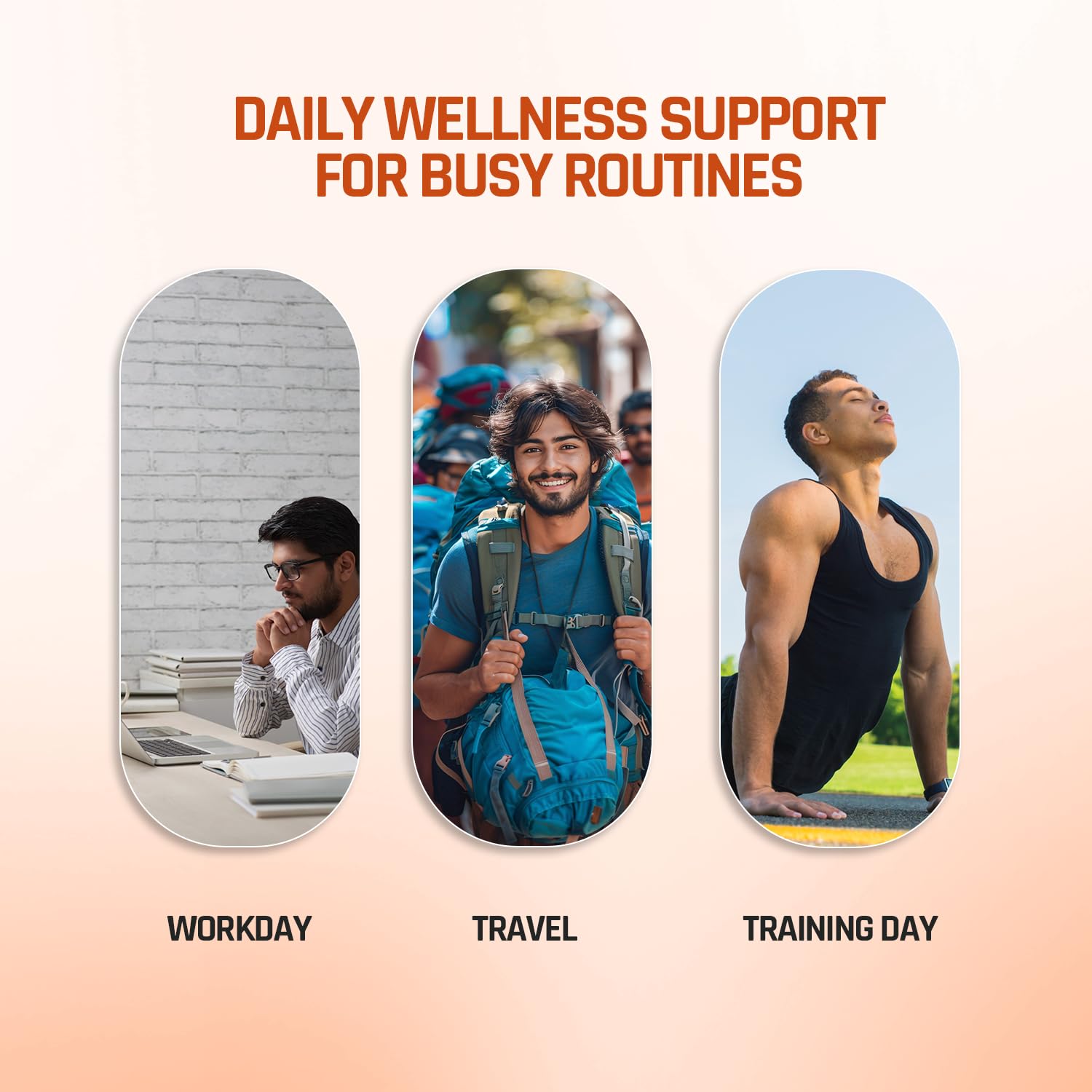 Three scenes labeled 'Workday', 'Travel', and 'Training Day' with people engaged in different activities on a gradient background.