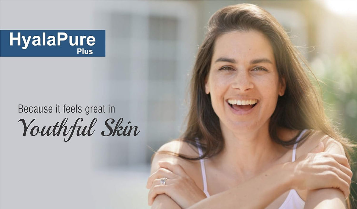 Woman with a happy expression outdoors, with HyalaPure Plus branding.