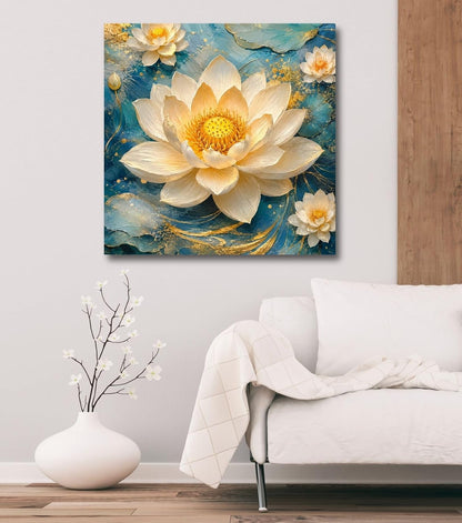 Lotus Flower Painting for Wall Vastu (15+ DESIGNS) Framed Lotus Canvas Painting for Living Room, Bedroom | Nature Floral Wall Art with Multiple Design Variations (Cream Lotus, 18x18 Inch, Framed)