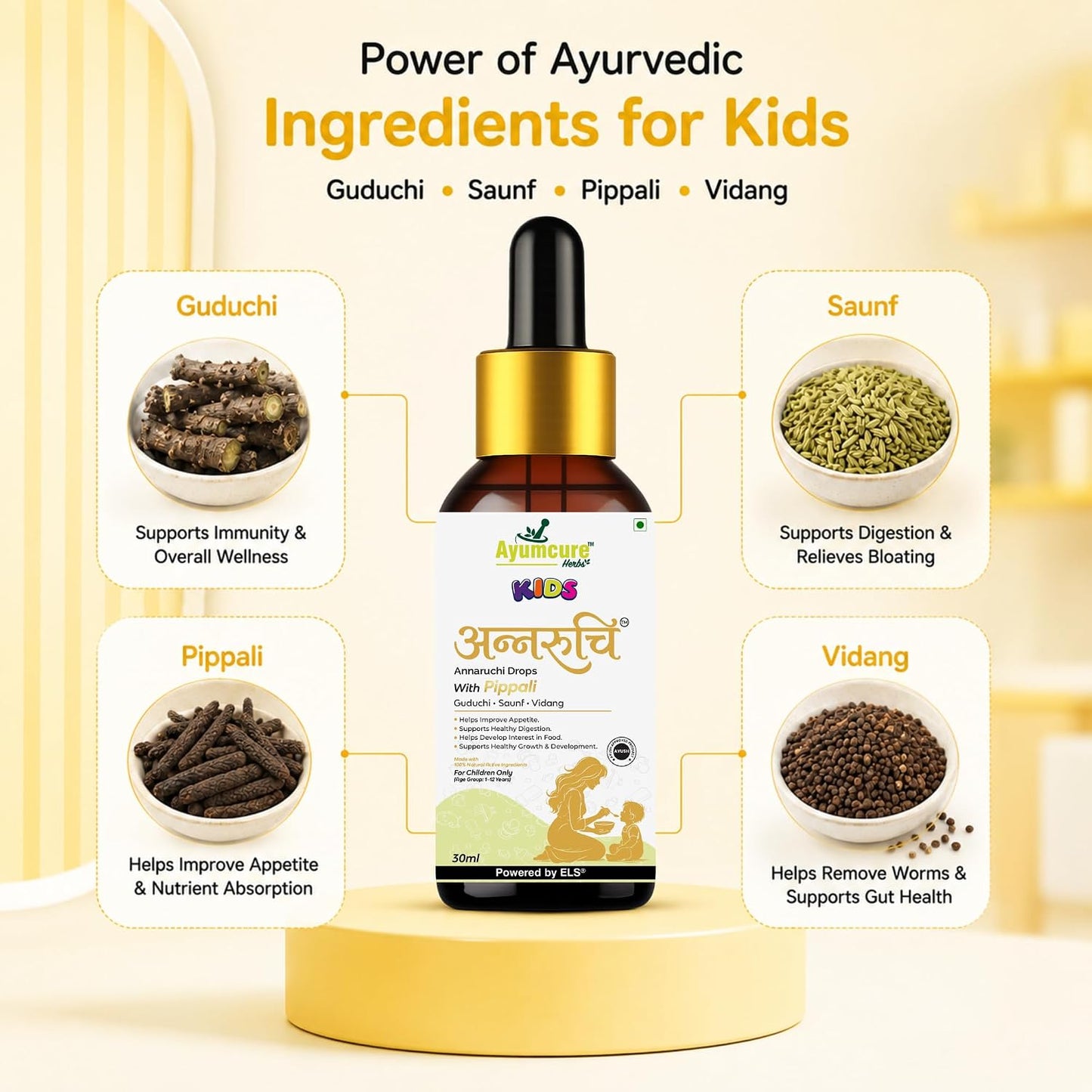 Ayumcure Kids Annaruchi Drops for Children 1-12 Years | 30ml | Ayurvedic Appetite & Digestive Support | With Pippali, Guduchi, Saunf, Vidang, Kutki & Amla | Supports Healthy Digestion, Nutrient Absorption & Growth