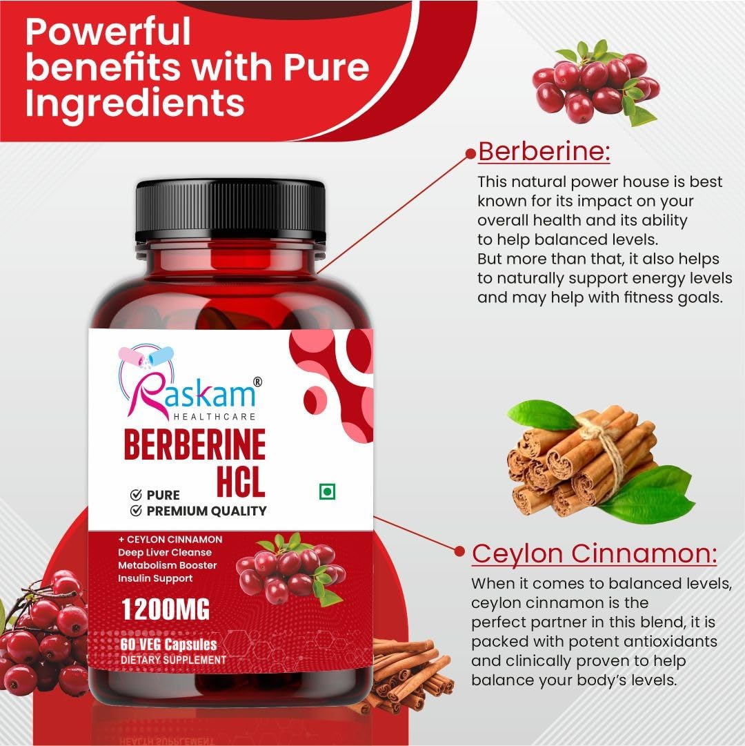 Raskam Berberine HCL supplement bottle with ingredients and benefits on a white background