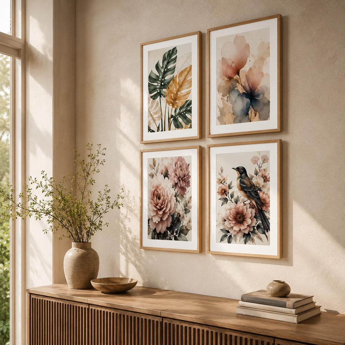 Set of 4 Botanical Floral Bird Wall Paintings with Sparkle Laminate and Premium Wooden Synthetic Frame for Living Room Bedroom Office Decor (13.5 x 19.5 Inch)