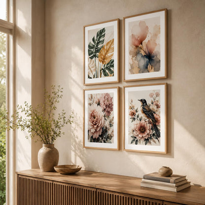 Set of 4 Botanical Floral Bird Wall Paintings with Sparkle Laminate and Premium Wooden Synthetic Frame for Living Room Bedroom Office Decor (13.5 x 19.5 Inch)