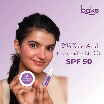 BAKE 2% Kojic Acid Lavender Brightening Lip Balm Oil for Dark & Pigmented Lips with SPF 50 PA++++ with Alpha Arbutin - 15g