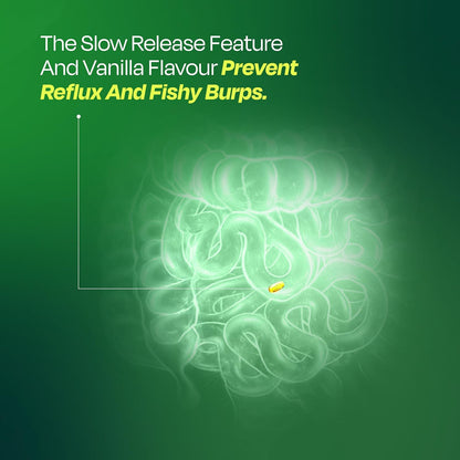 Drug capsule with text about slow release feature and vanilla flavor on a green background