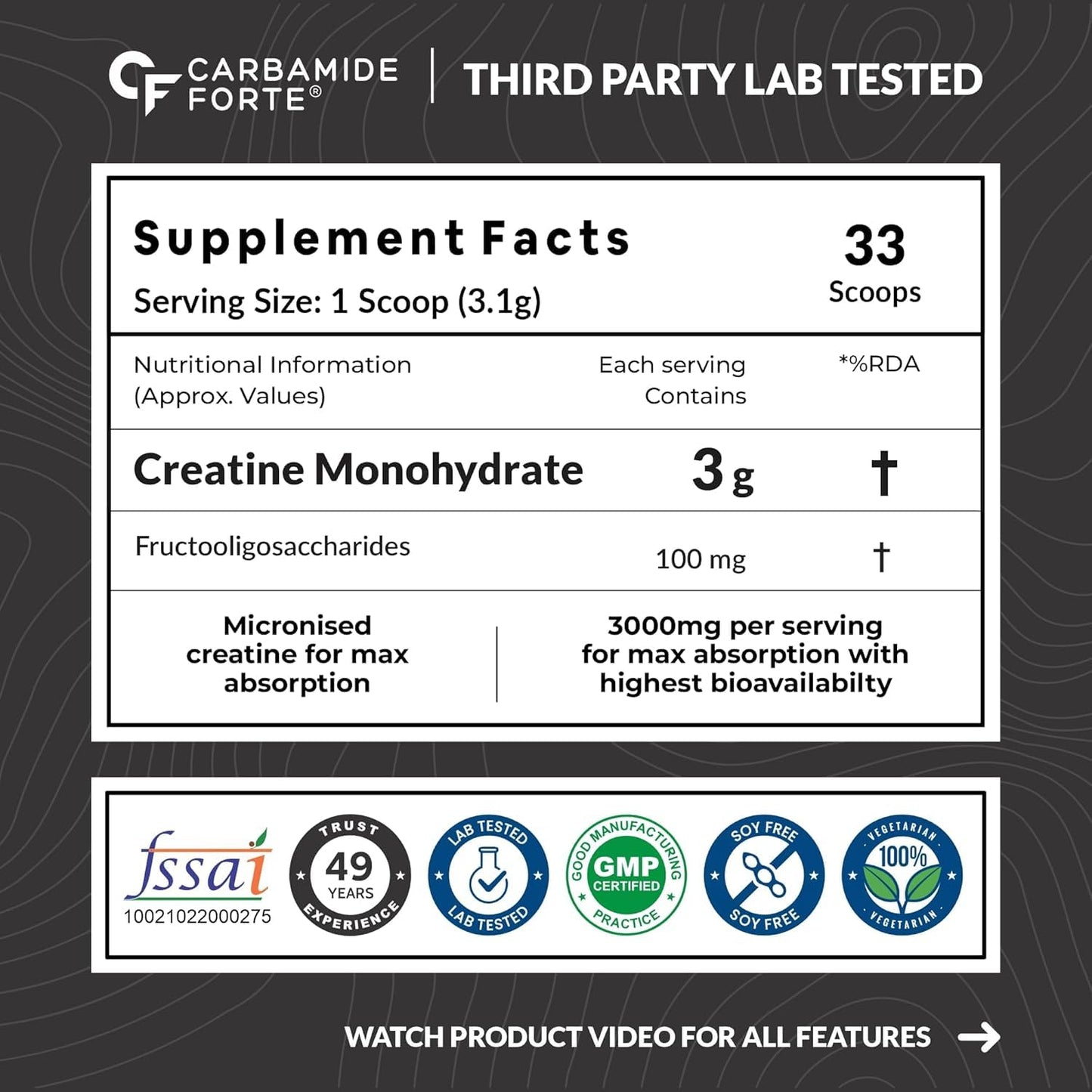 Supplement label for Carbamide Forte with nutritional information and certification logos on a dark background.