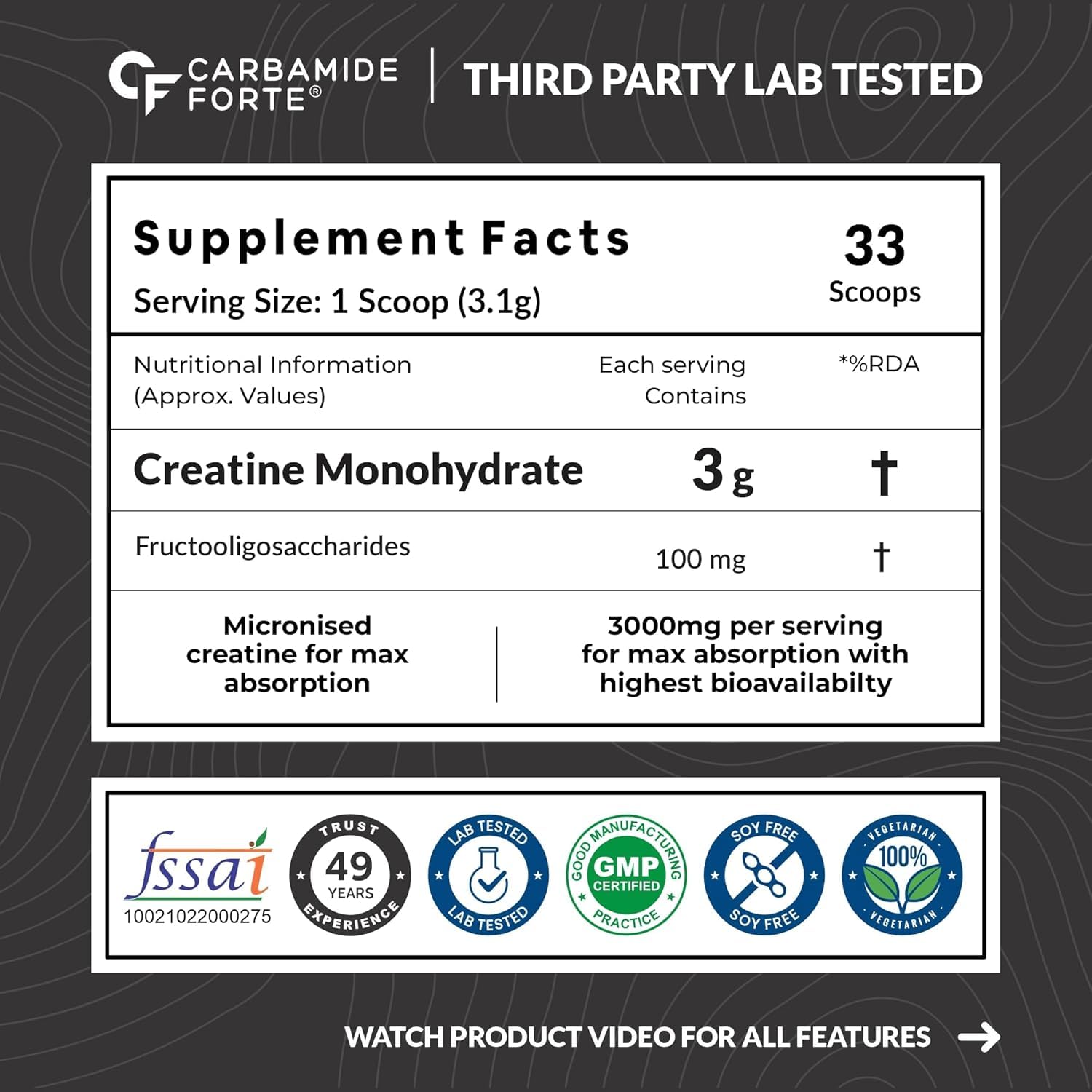 Supplement label for Carbamide Forte with nutritional information and certification logos on a dark background.