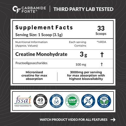 Supplement label for Carbamide Forte with nutritional information and certification logos on a dark background.