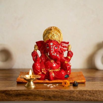 eCraftIndia Red Golden Blessing Ganesha Statue | Lord Ganesha Idol for Home Decor Car Dashboard | Ganesh Ganpati Murti Gift for Diwali Housewarming Birthday