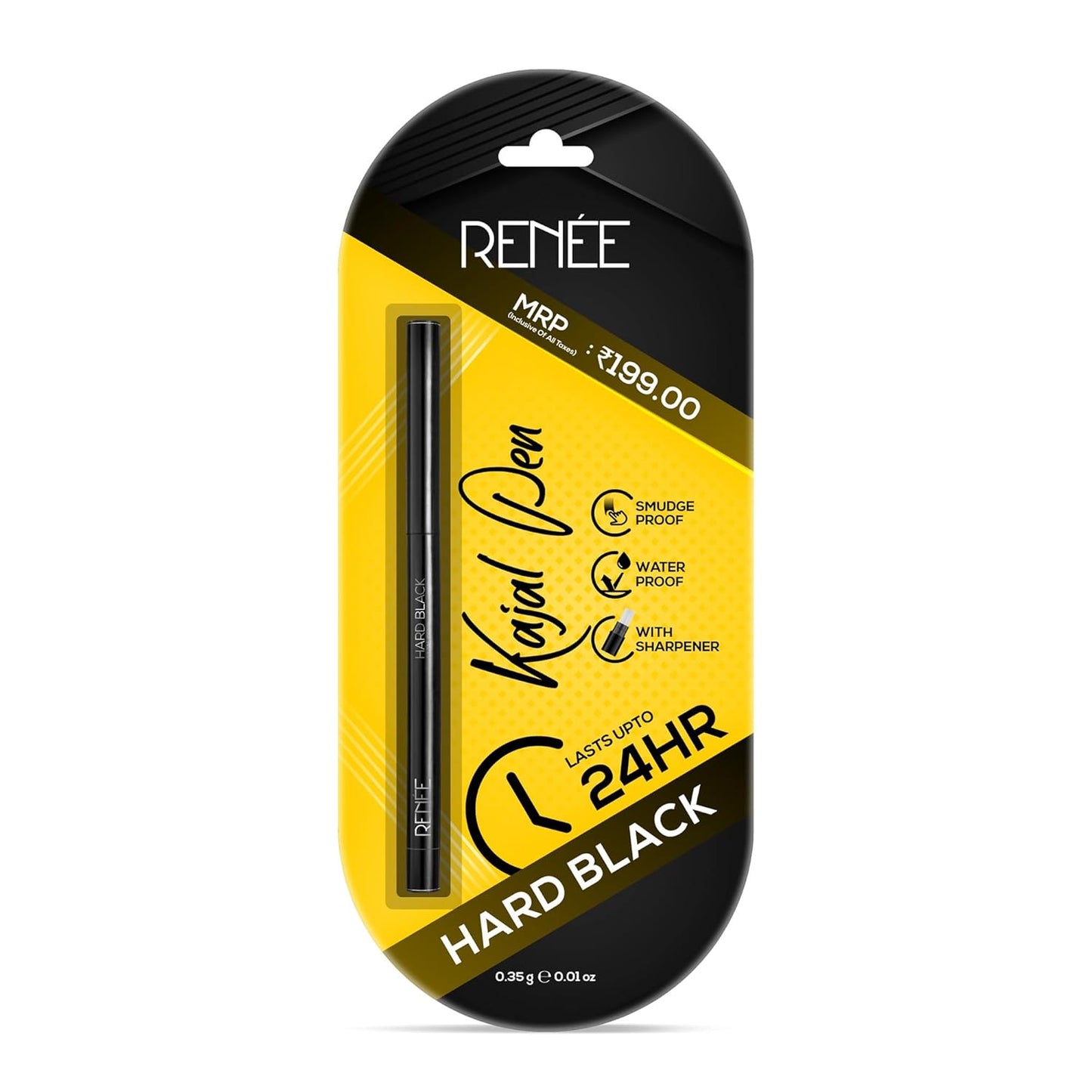 RENEE Hard Black Kajal Pen with Sharpener | 24 Hrs Stay | Long Lasting | Super Black Kajal Pencil | Matte Finish & Rich Color Payoff | Smudge & Water Proof | One Swipe Application Formula | 0.35gm