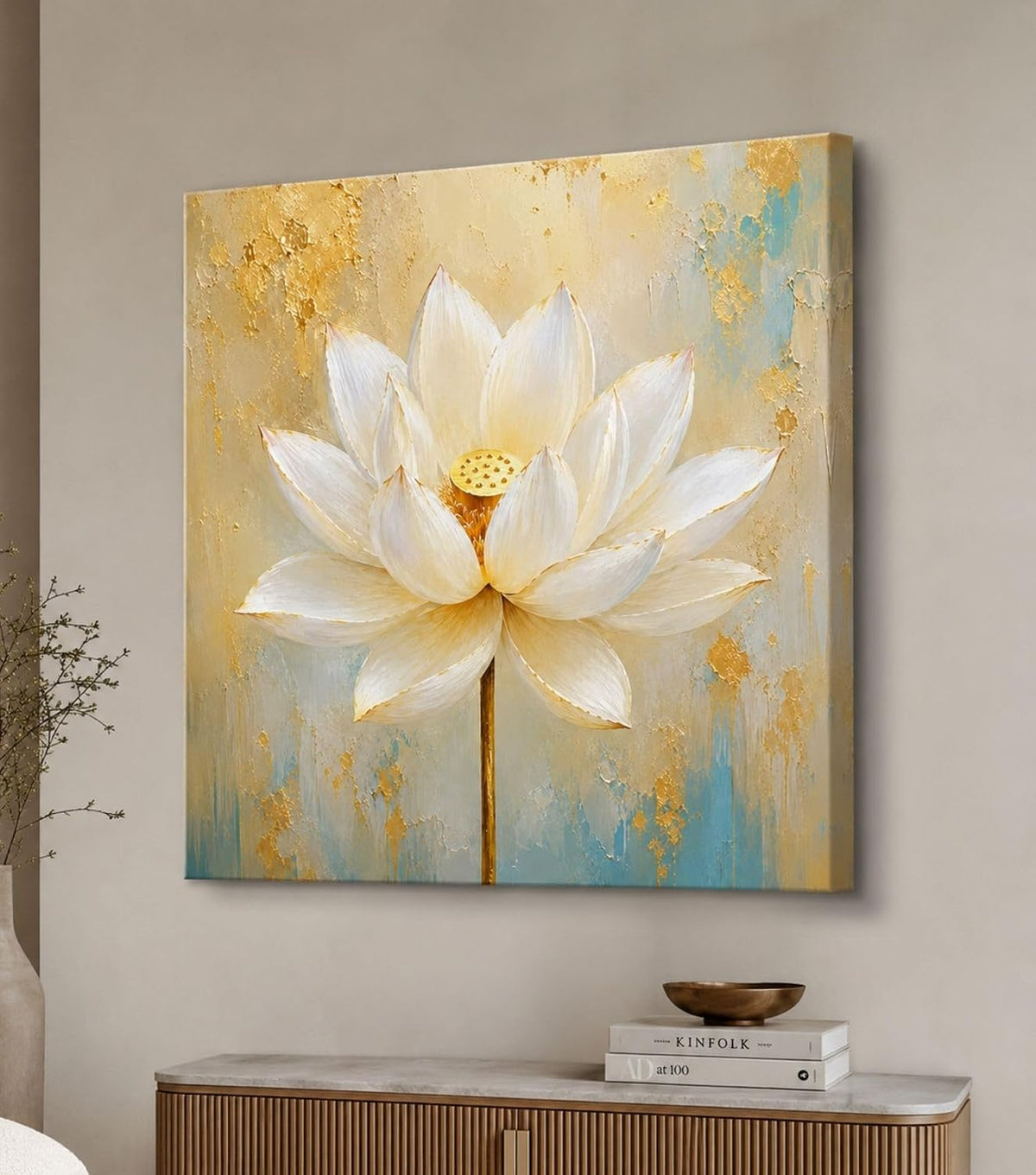 Lotus Flower Painting for Wall Vastu (15+ DESIGNS) Framed Lotus Canvas Painting for Living Room, Bedroom | Nature Floral Wall Art with Multiple Design Variations (White Abstract Lotus, 18x18 Inch, Framed)