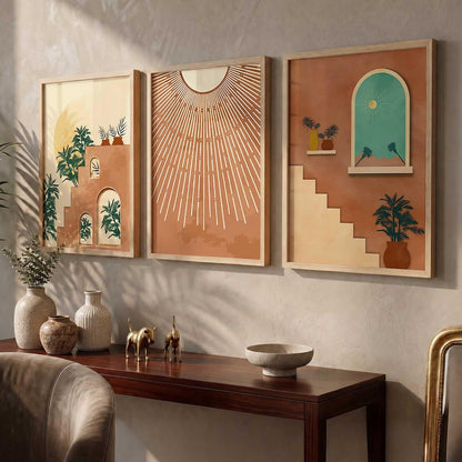 Boho Art Home Decoration Modern Paintings With Frame For Living Room Bed Room Hotel Wall Decor Digital Reprint Set of 3 (13X17 inch)