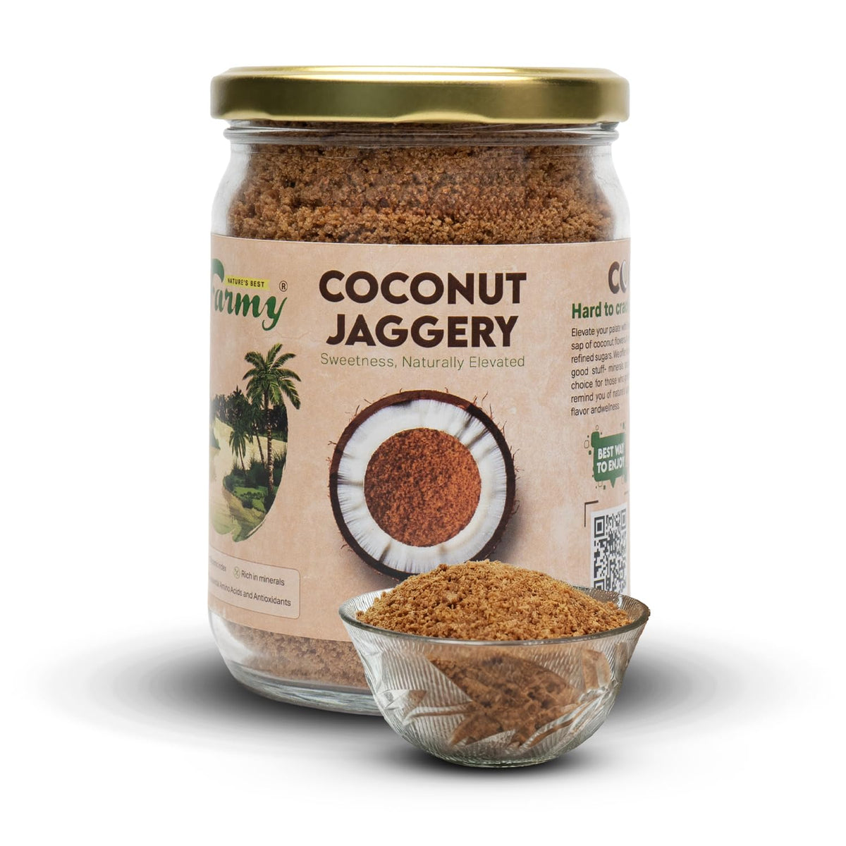 Farmy Coconut Palm Sugar | Natural Sweetener Low Glycemic Index | Unrefined Coconut Jaggery Powder in Glass Jar | No Preservatives Vegetarian Sugar Alternative for Cooking Baking Beverages (350g)