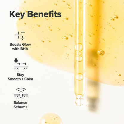 Skincare product with dropper and text highlighting key benefits on a white background