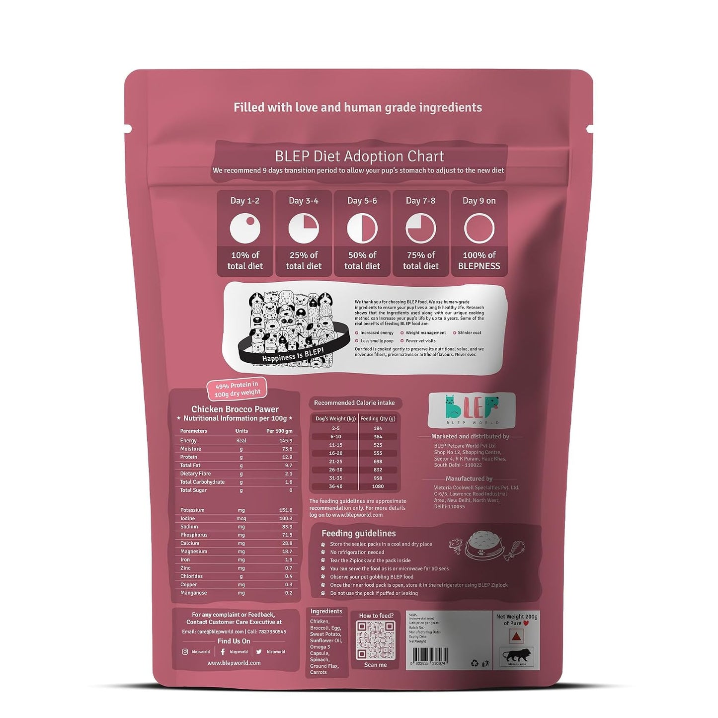 BLEP Dog Food Adult & Puppy | 200g | Dog Wet Food, High Protein, Omega 3&6, Contains Chicken Breast, Broccoli, Fresh Vegetables, Zero Preservatives, Digestible, Human Grade Fresh (Pack of 1)