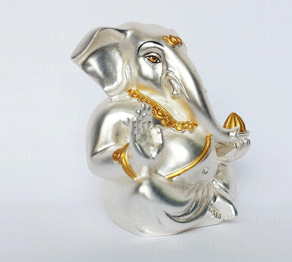 Gold Art India Ceramic Matte Silver Plated Appu Ganesha for Car Dashboard Showpiece Diwali Gifts, Birthday Gifts (Silver, 5x4)