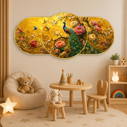 Royal Peacock & Floral Garden Wall Painting for Living Room Bedroom Dining Hall Decor, Golden Nature Birds Round Art with Premium PVC Golden Frame (16 x 35 Inch)