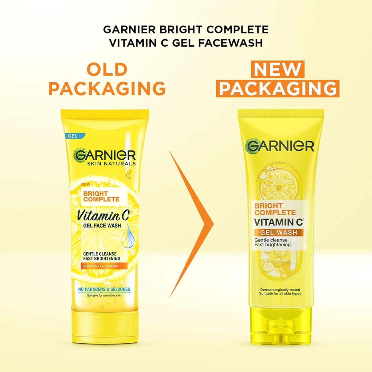 Comparison of Garnier Bright Complete Vitamin C Gel Facewash old and new packaging on a yellow background.