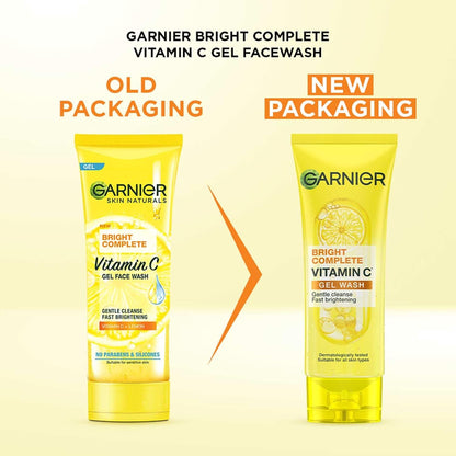 Comparison of Garnier Bright Complete Vitamin C Gel Facewash old and new packaging on a yellow background.