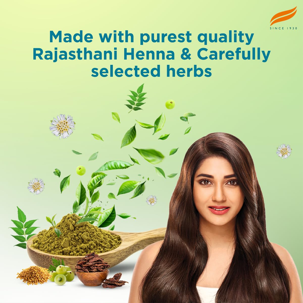Advertisement for a product made with Rajasthani Henna and selected herbs, featuring a woman with long hair against a green background.
