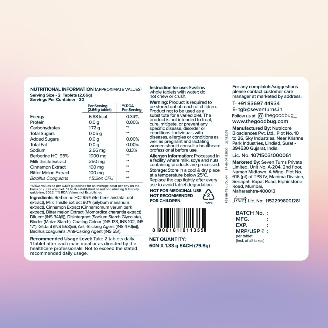 The Good Bug Berberine 95% with Probiotics | 1000 Mg | Advanced Metabolic Support with Bitter Melon & Milk Thistle | Supports Healthy Blood Sugar, Liver Function & Gut Health | 60 Tablets