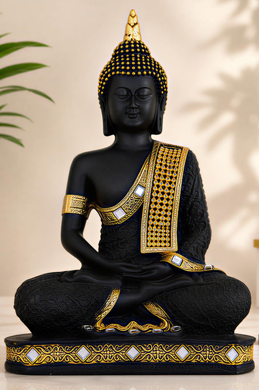 New Limited Edition 25 Centimetre Meditating Sitting Buddha Idol Statue showpiece Home Decor Decoration Items for Living Room and Gifts (Golden Black)