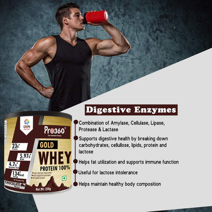 Pro360 Gold Whey Protein - Chocolate Flavored - (100% Whey Protein with Digestive Enzymes, 23g Protein, 5.97g BCAA, 4.7g Glutamic Acid per Serving) (250g)