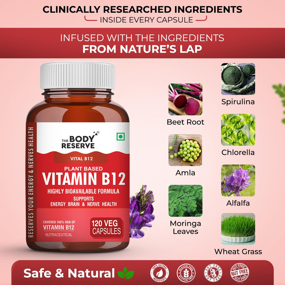Vitamin B12 supplement bottle with nature's ingredients on a pink background