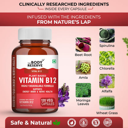 Vitamin B12 supplement bottle with nature's ingredients on a pink background