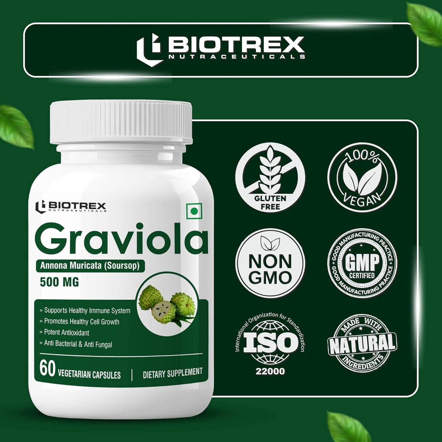 Biotrex Nutraceuticals Graviola 500mg | Supports Immune Health | High In Vitamin C | Antioxidant & Antimicrobial | Eye & Digestive Health | 60 Veg Capsules