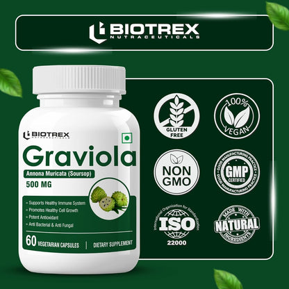 Biotrex Nutraceuticals Graviola 500mg | Supports Immune Health | High In Vitamin C | Antioxidant & Antimicrobial | Eye & Digestive Health | 60 Veg Capsules